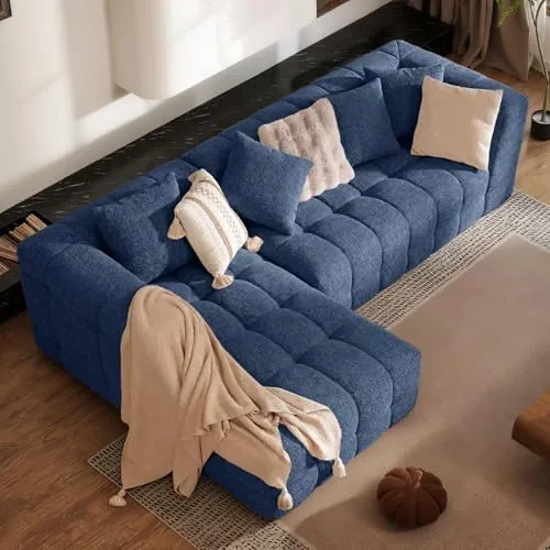 daluvenix 107 modern boneless couch with l shaped chaise comfy chenille modular sectional sofa with tufted design deep seat upholstered sofa bed no assembly sectional couch blue