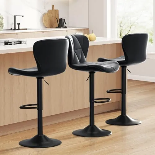 daluvenix bar stools set of 3adjustable swivel barstools faux leather bar chairsupholstered counter height with high backrest for kitchen island black