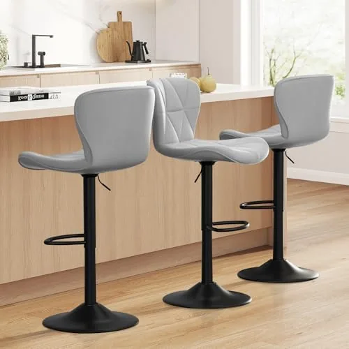 daluvenix bar stools set of 3adjustable swivel barstools faux leather bar chairsupholstered counter height with high backrest for kitchen island light grey